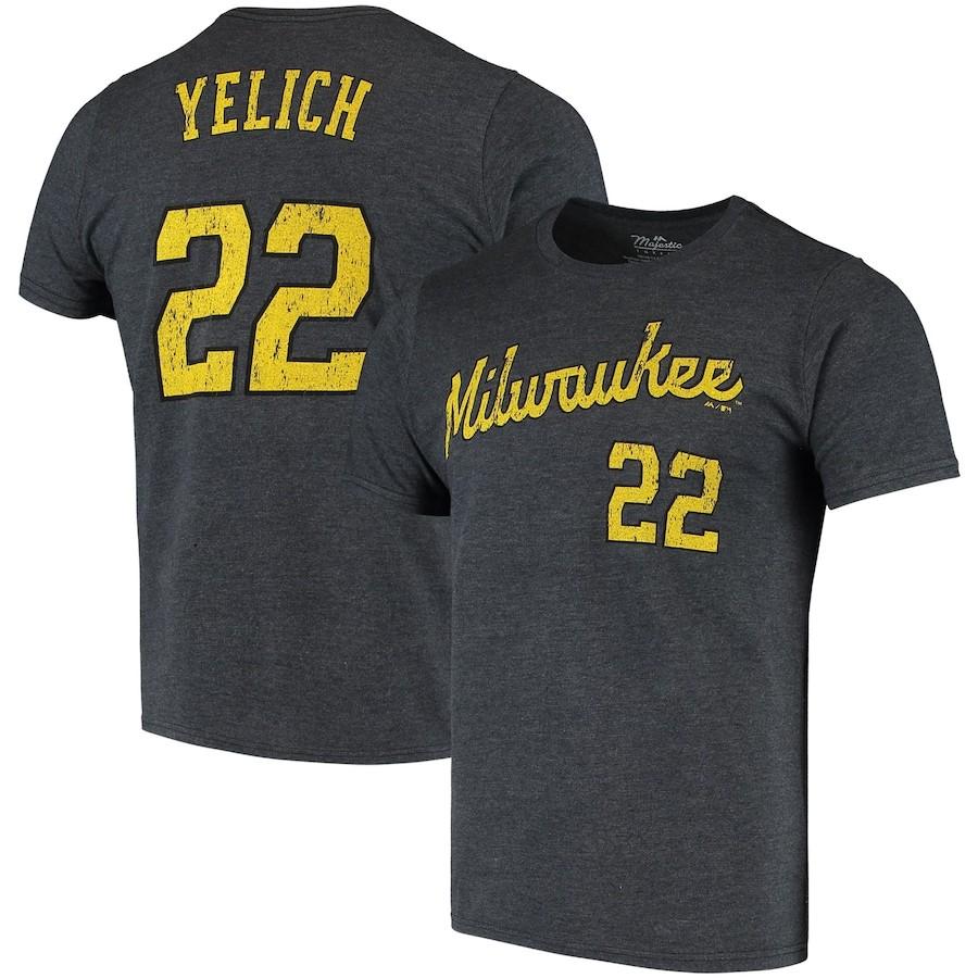 マジェスティック メンズ Tシャツ Christian Yelich Milwaukee Brewers Majestic Threads Name & Number Tri-Blend T-Shirt - Navy