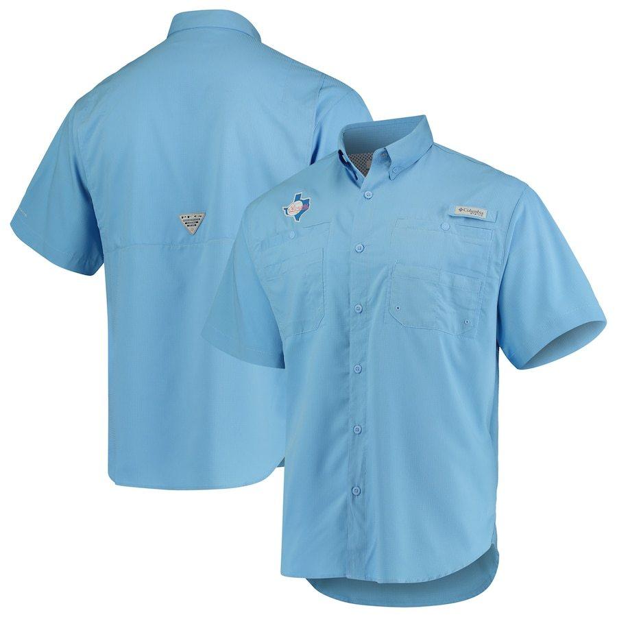 あなたにおすすめの商品 コロンビア メンズ カジュアルシャツ ”Texas Rangers" Columbia Cooperstown Collection Tamiami Button-Down Omni-Shade Shirt - Light Blue パーカー