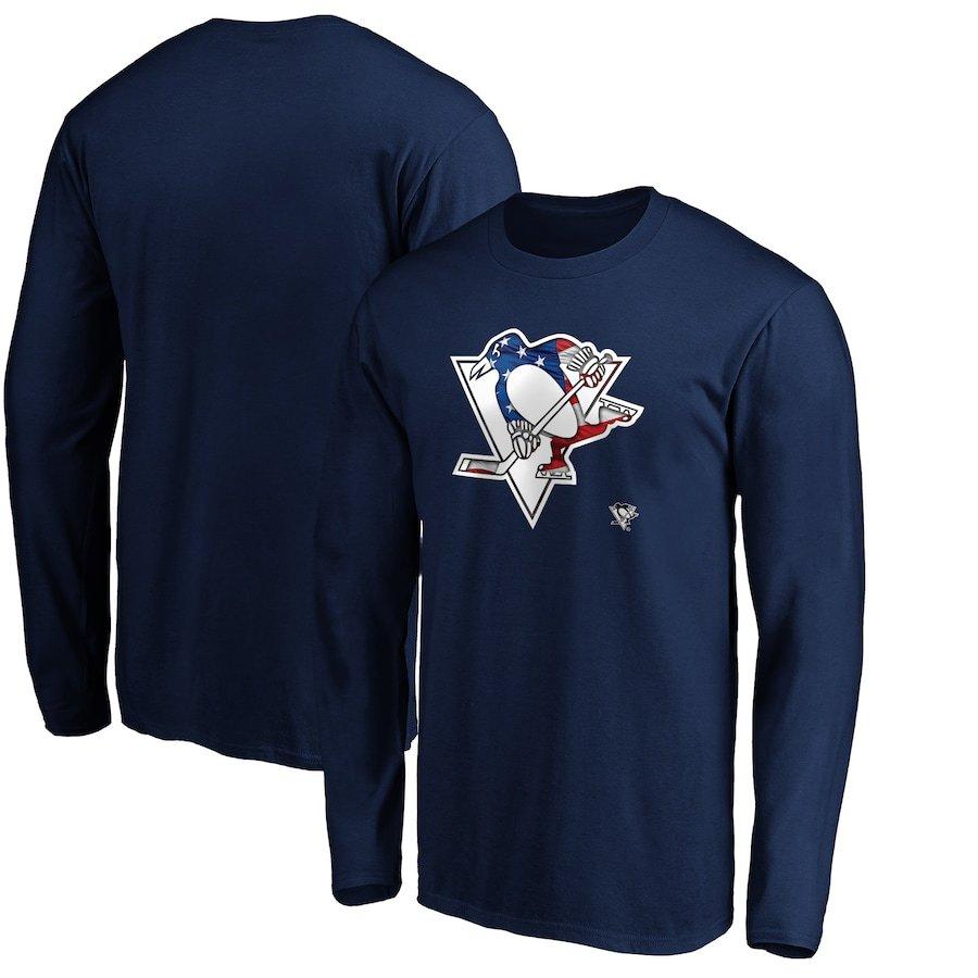 安いそれに目立つ Fanatics Penguins" "Pittsburgh ロンT 長袖 Tシャツ メンズ ファナティックス Branded Navy - T-Shirt Sleeve Long Logo Wave Banner トップス（ジャージ以外）