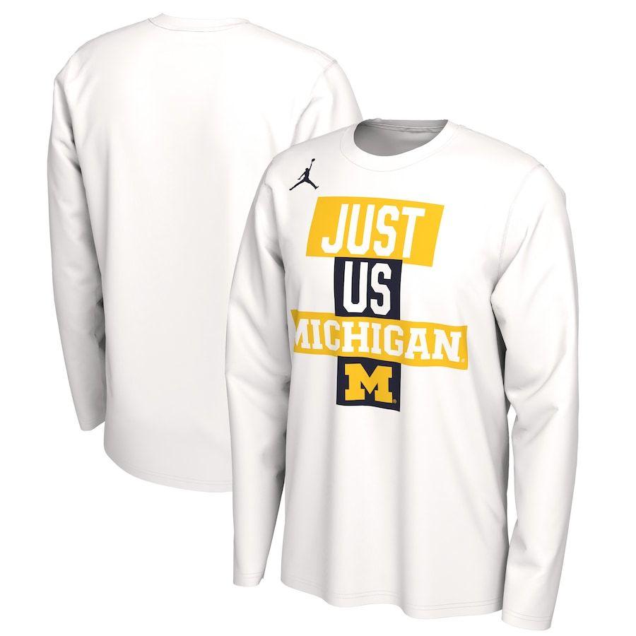 ジョーダン メンズ Tシャツ ロンT 長袖 "Michigan Wolverines" Jordan Brand 2021 Postseason Basketball JUST US Bench Legend Long Sleeve T-Shirt - White｜troishomme