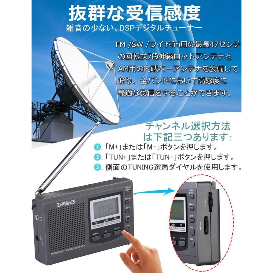 ラジオ 小型 携帯 ZHIWHIS ポータブルラジオ FM AM SW ワイドfm対応 高感度クロック 電池式 グレー｜tropical-store｜03
