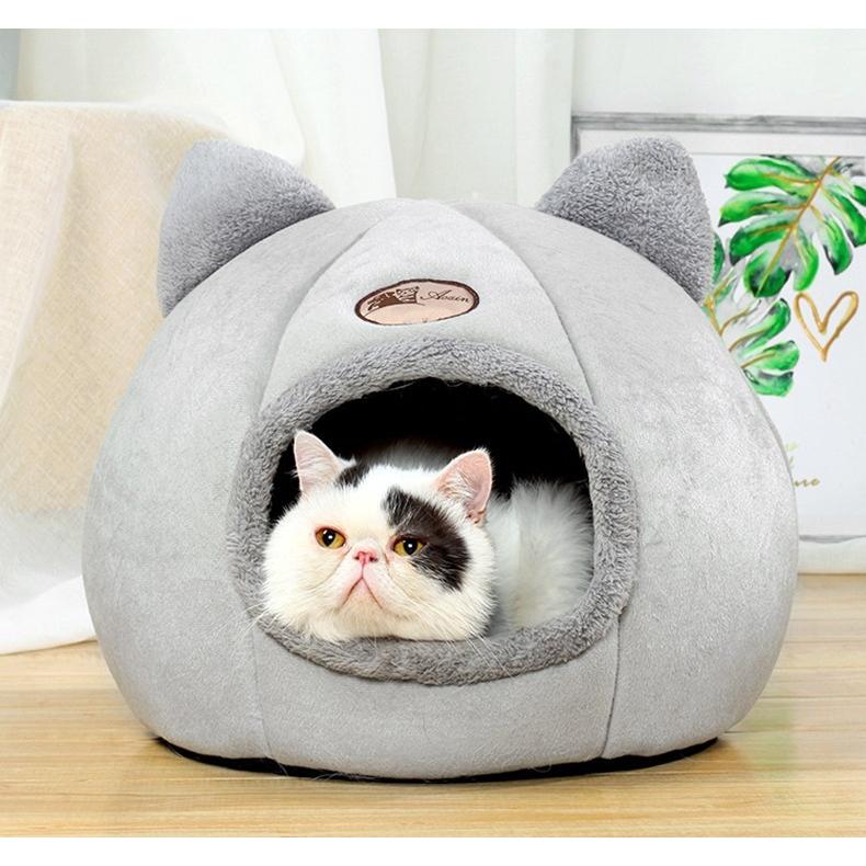 猫ベッド ドーム型ハウス キャットベッド 寝袋 猫用品 犬用品 ペットベッド 暖かい ふわふわ 猫型ハウス 水洗い