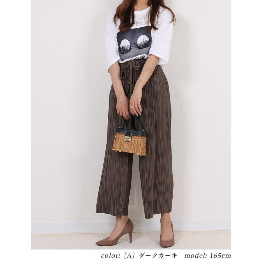 プリーツパンツ レディース ストレート ワイド スピンドル付き