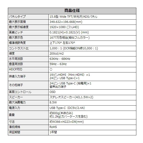 カバーケース付き 15.8型 モバイルディスプレイ フルHD グリーンハウス ADSパネル mini-HDMI Type-C 軽量 薄型 スピーカー搭載 ブルーライトカット GH-LCU16B-BK|try3|15