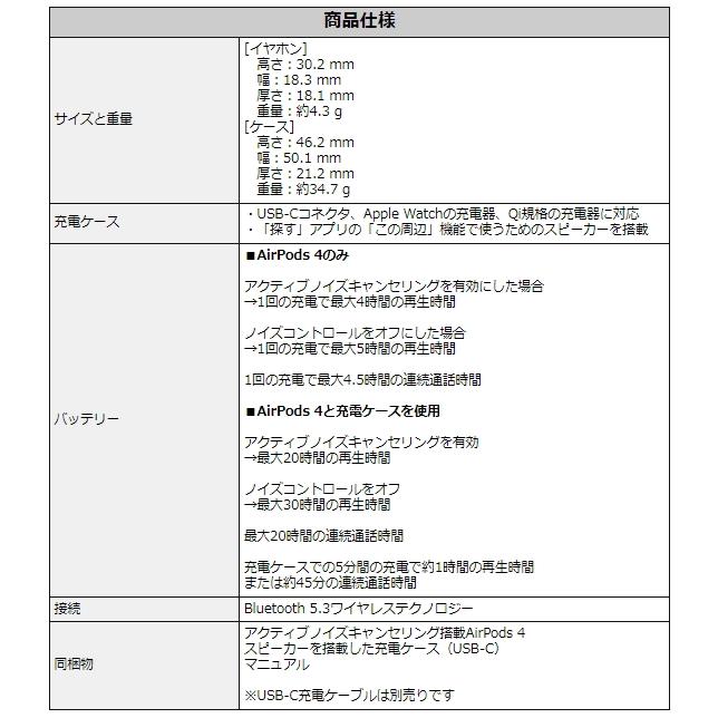 Apple AirPods 4 MXP93J/A アクティブノイズキャンセリング H2 Apple AirPods 4 MXP93J/A アクティブノイズキャンセリング H2