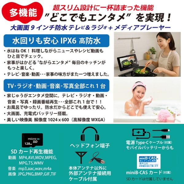 Arwin（アーウィン） 防水テレビ ポータブルテレビ 9インチ フルセグ