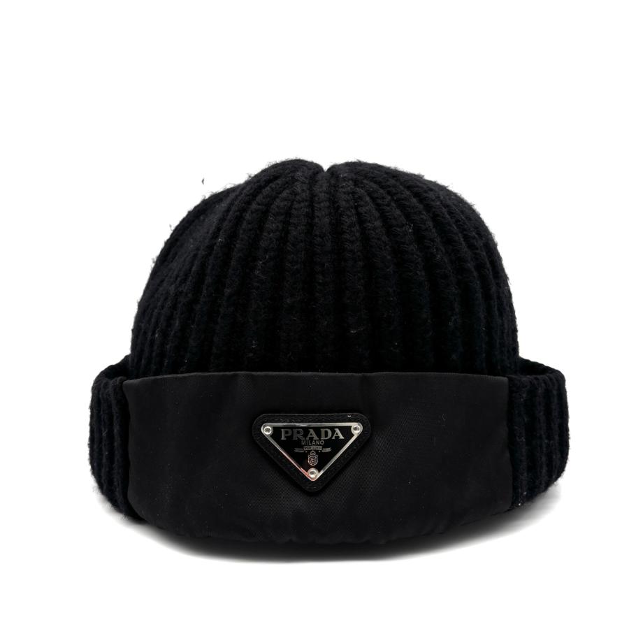 PRADA ニット帽 日本未発売*PRADA*耳当て付 ウールニット帽 ロゴ付 ビーニー (PRADA