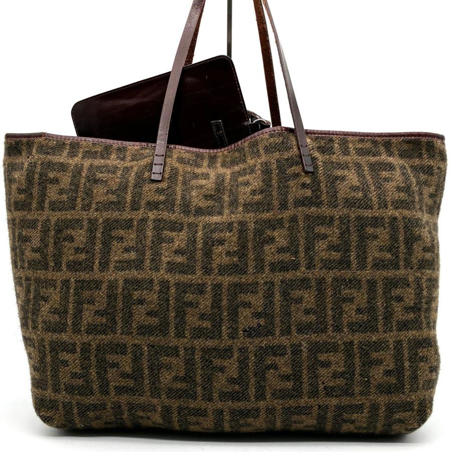 FENDI フェンディ ズッカ トートバッグ カシミヤ レザー ブラウン ブラック リバーシブル ポーチ付 A4収納 肩掛け 通勤 通学 梅雨 初夏 贈り物 高級 希少の画像