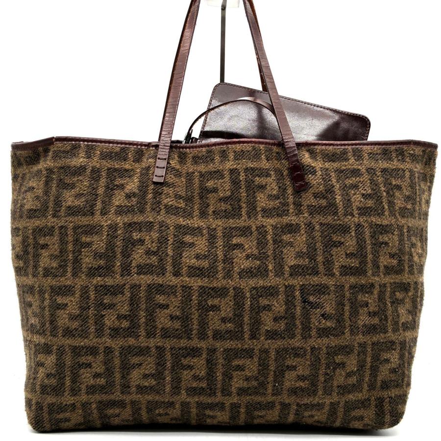FENDI フェンディ ズッカ トートバッグ カシミヤ レザー ブラウン ブラック リバーシブル ポーチ付 A4収納 肩掛け 通勤 通学 梅雨 初夏 贈り物 高級 希少の画像