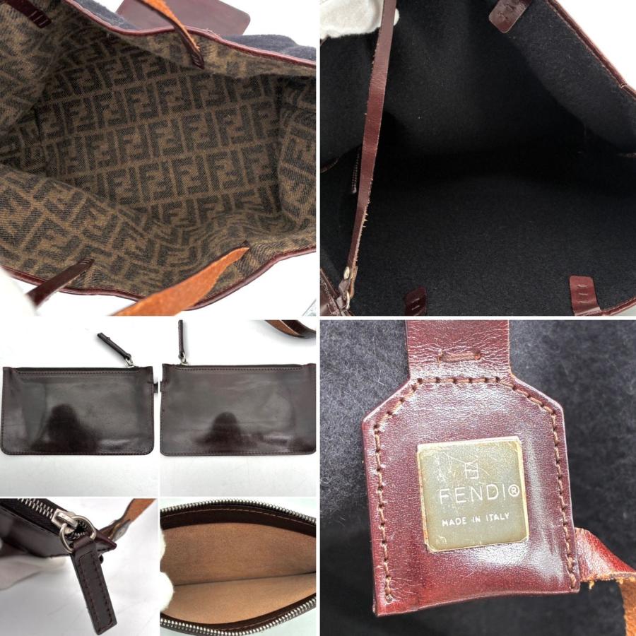 FENDI フェンディ ズッカ トートバッグ カシミヤ レザー ブラウン ブラック リバーシブル ポーチ付 A4収納 肩掛け 通勤 通学 梅雨 初夏 贈り物 高級 希少の画像