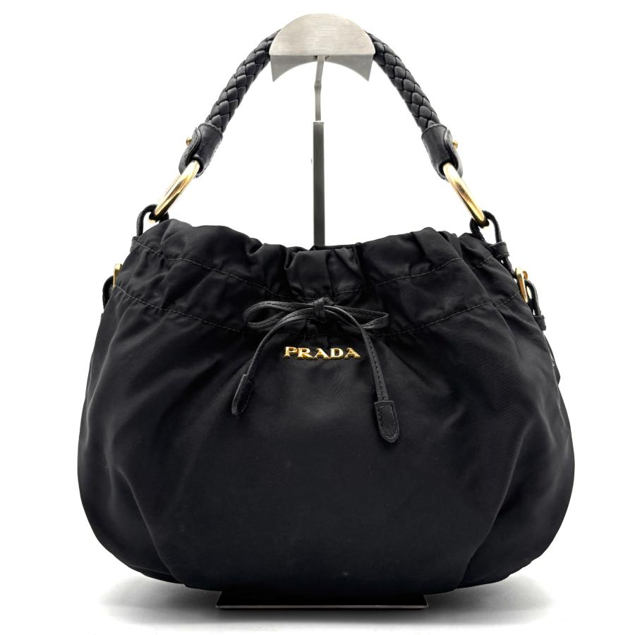 【極美品】prada プラダ フィオッコ リボン ポーチ ハンドル付き ブラック PRADA（プラダ） ロゴ ジャガード フィオッコ リボン ハンドバッグ