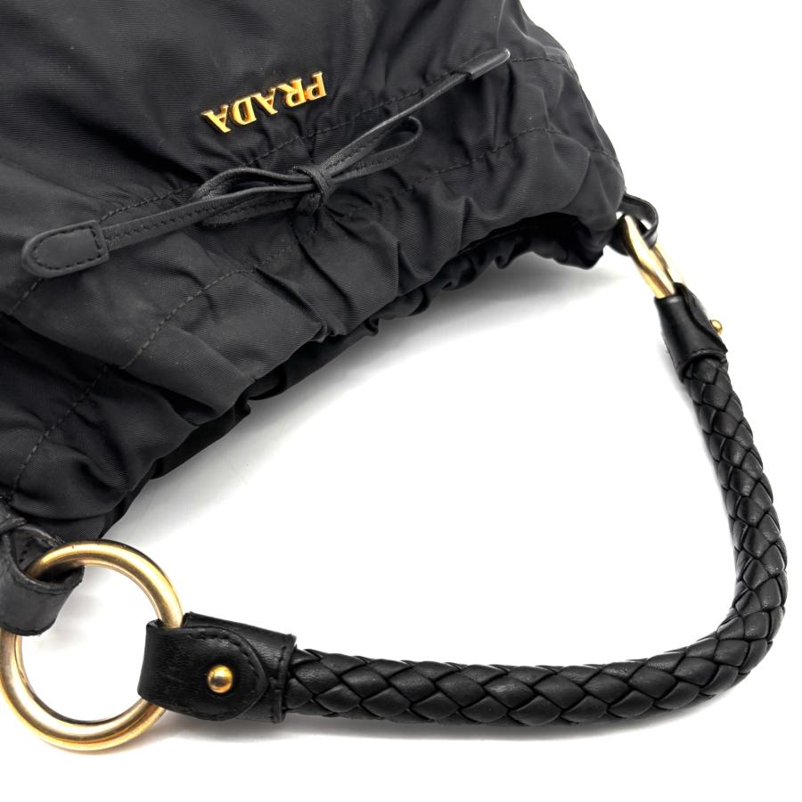 【正規品】プラダ PRADA ミニハンドバッグ 三角ロゴ 編み込みハンドル 三角ロゴ金具ナイロンミニハンドバッグ ブラック ヴィンテージ|プラダ