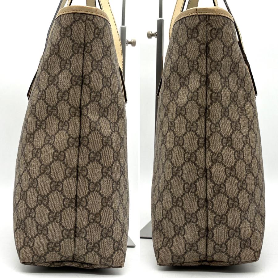 GUCCI グッチ GGスプリーム トートバッグ 廃盤 ロゴプレート PVC レザー ベージュ ゴールド A4収納 肩掛け 撥水 大容量 通勤 通学