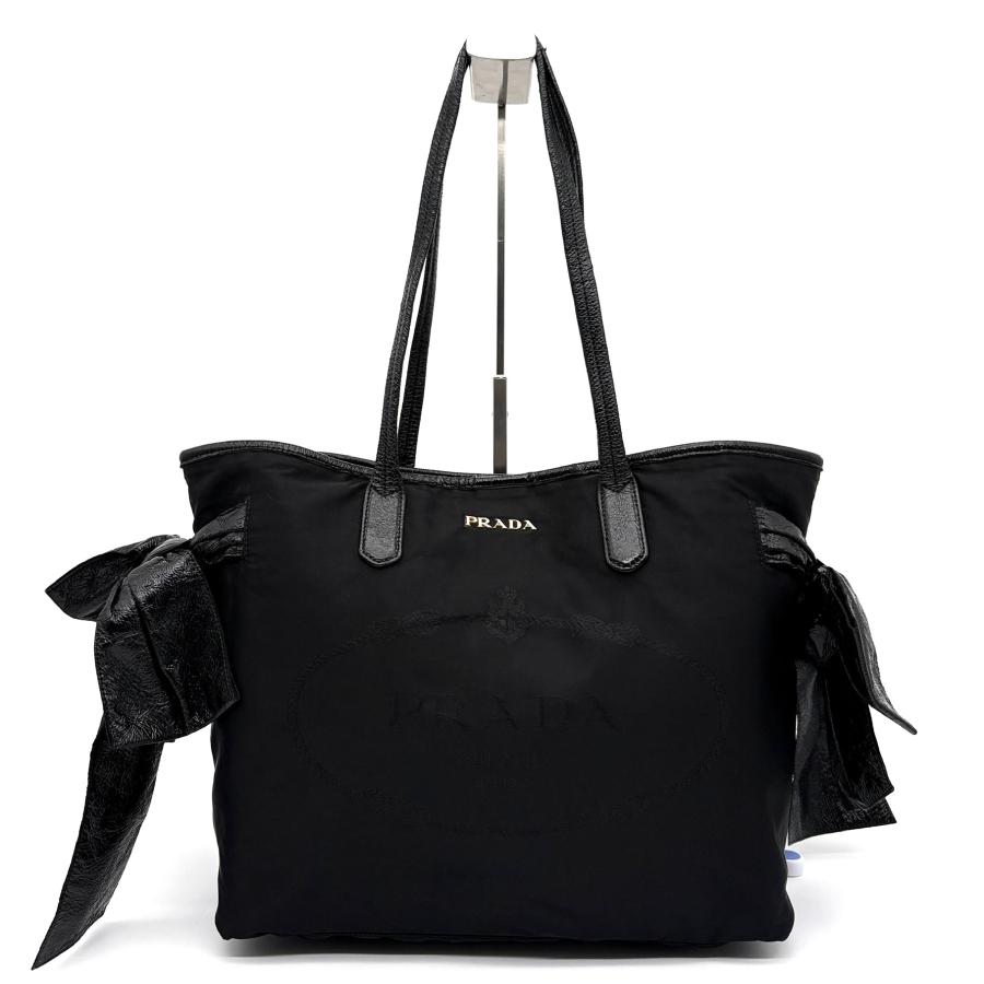プラダ　リボン付き黒トートバッグ マザーズバッグ プラダ リボン付き黒トートバッグ マザーズバッグ PRADA - グータン