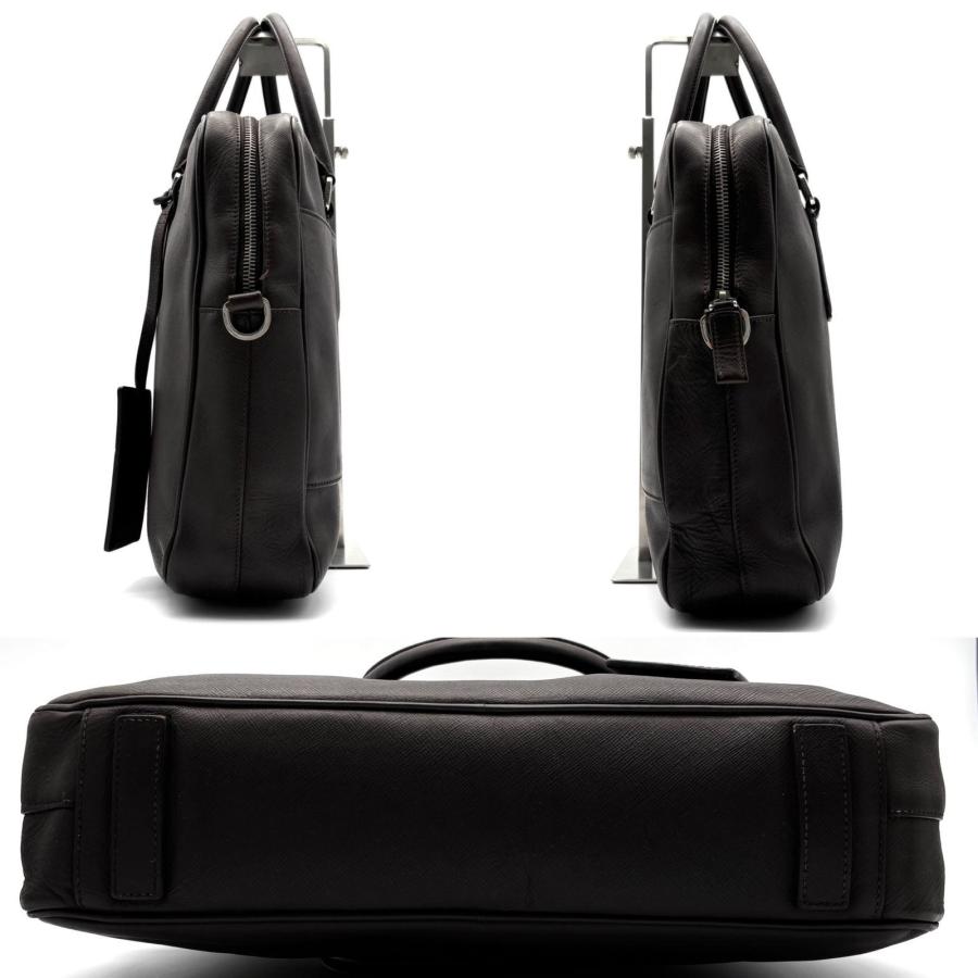 PRADA プラダ 白タグ サフィアーノレザー ブリーフケース ビジネスバッグ 焦茶 ダークブラウン A4 PC収納 自立 紳士 父の日 クールビズ 通勤 出張 極美品の画像