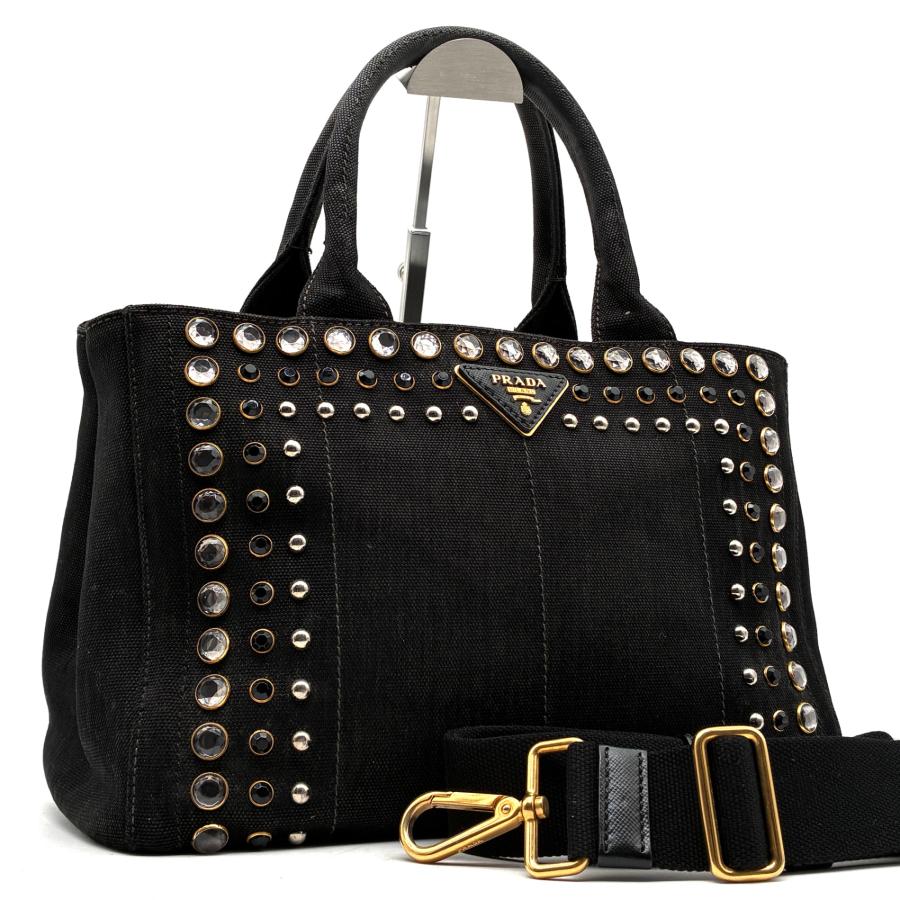 プラダ カナパ S 2way ハンドバッグ キャンバス ビジュー ブラック　黒 プラダ PRADA カナパ S ビジュー スタッズ 2way トートバッグ