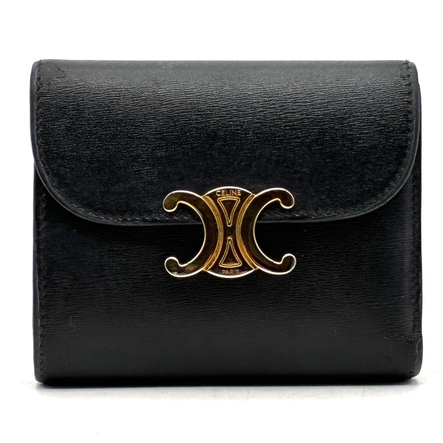 美品 CELINE トリオンフ 三つ折りウォレット（ブラック／ゴールド金具 セリーヌ CELINE トリオンフ 三つ折り財布 コンパクトウォレット