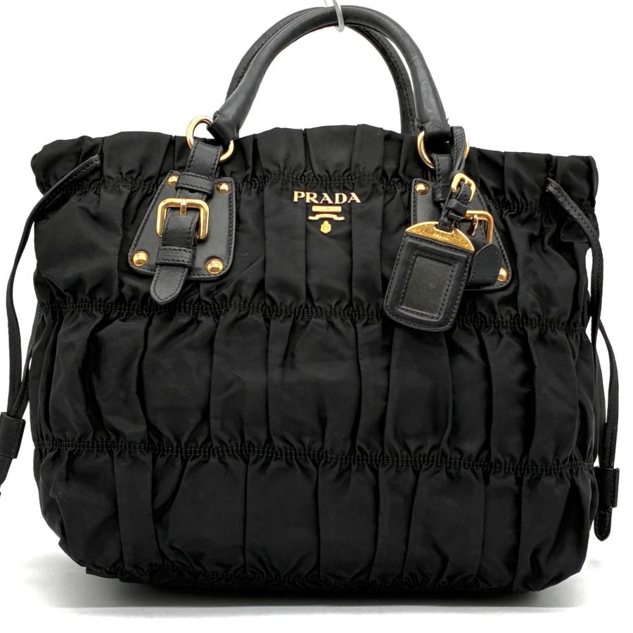 PRADA プラダ テスート ゴーフル ギャザー ナイロン レザー 2way ハンドバッグ トートバッグ ブラック ゴールド金具 肩掛け 斜め掛け A4収納 白タグ 良品の画像