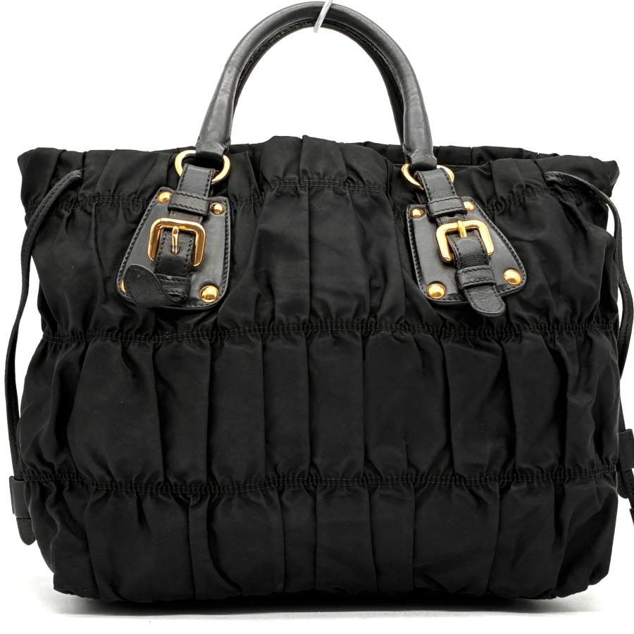 PRADA プラダ テスート ゴーフル ギャザー ナイロン レザー 2way ハンドバッグ トートバッグ ブラック ゴールド金具 肩掛け 斜め掛け A4収納 白タグ 良品の画像