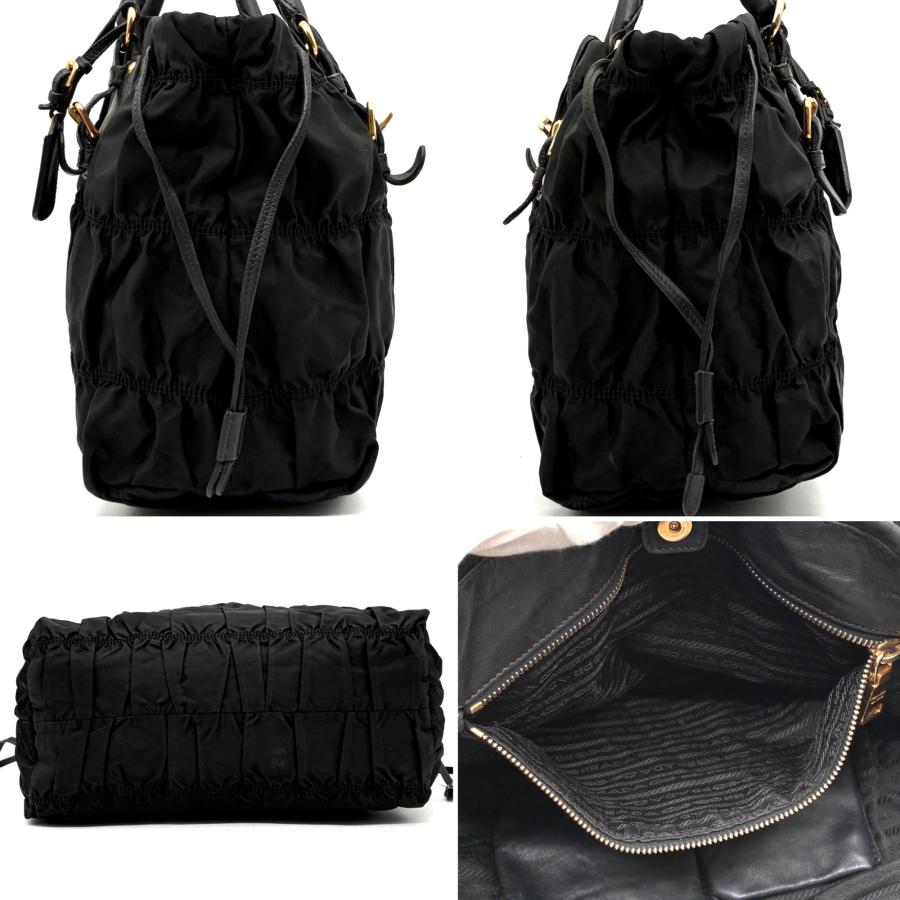 PRADA プラダ テスート ゴーフル ギャザー ナイロン レザー 2way ハンドバッグ トートバッグ ブラック ゴールド金具 肩掛け 斜め掛け A4収納 白タグ 良品の画像