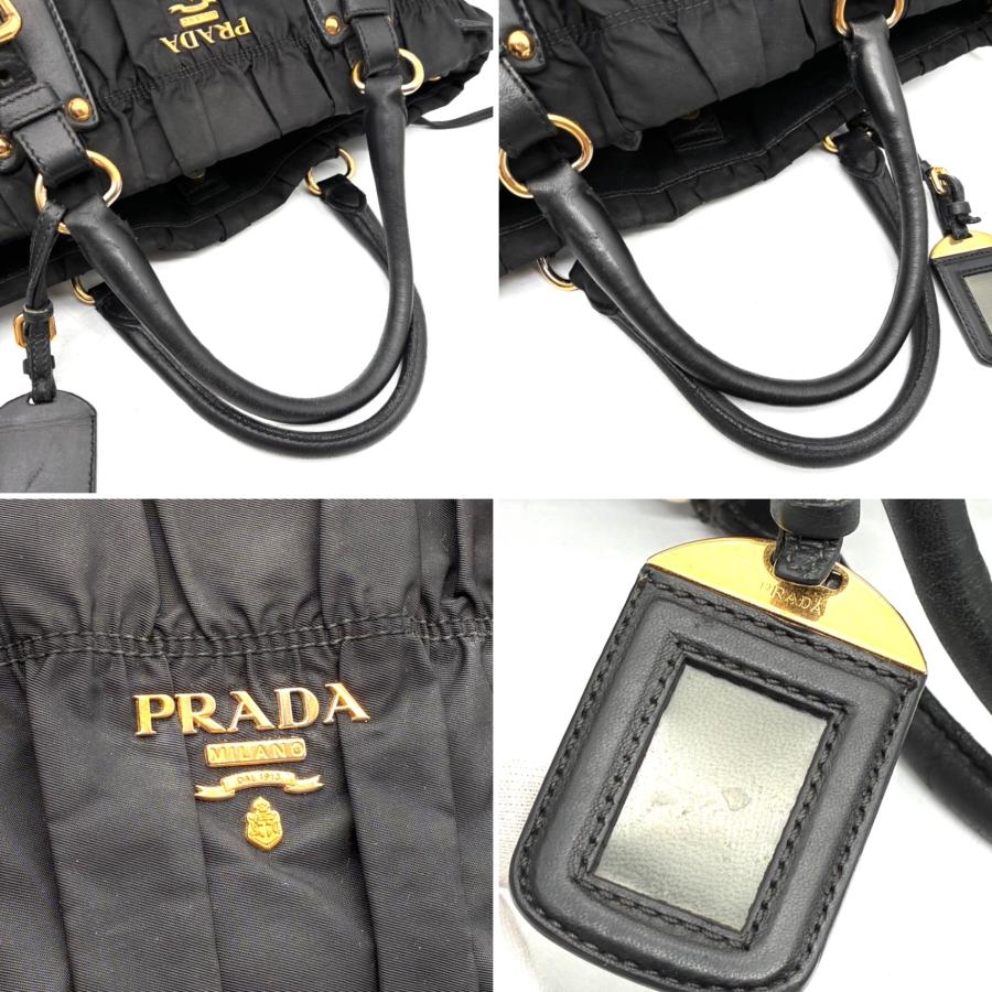 PRADA プラダ テスート ゴーフル ギャザー ナイロン レザー 2way ハンドバッグ トートバッグ ブラック ゴールド金具 肩掛け 斜め掛け A4収納 白タグ 良品の画像