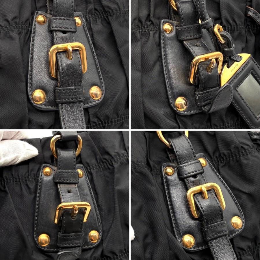 PRADA プラダ テスート ゴーフル ギャザー ナイロン レザー 2way ハンドバッグ トートバッグ ブラック ゴールド金具 肩掛け 斜め掛け A4収納 白タグ 良品の画像