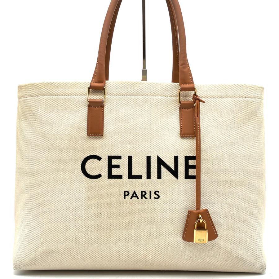CELINE セリーヌ ホリゾンタルカバ トートバッグ キャンバス レザー 生成り 茶色 A4収納 大容量 春 夏 旅行 リゾート トラベルの画像