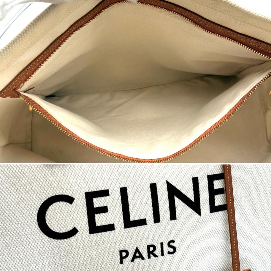 CELINE セリーヌ ホリゾンタルカバ トートバッグ キャンバス レザー 生成り 茶色 A4収納 大容量 春 夏 旅行 リゾート トラベルの画像