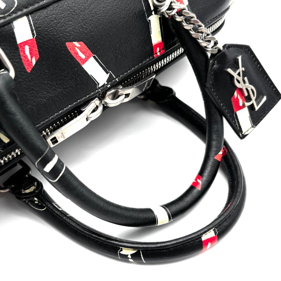 レア・美品 YVES SAINTLAURENT イヴサンローラン 2way ベイビーダッフル ミニボストン ショルダーバッグ リップ柄 リングチャーム ロゴ 黒 YVES SAINTLAURENT イヴサンローラン 2way ベイビーダッフル ミニ