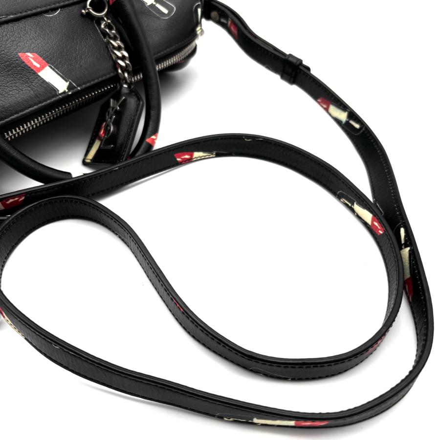 レア・美品 YVES SAINTLAURENT イヴサンローラン 2way ベイビーダッフル ミニボストン ショルダーバッグ リップ柄 リングチャーム ロゴ 黒 YVES SAINTLAURENT イヴサンローラン 2way ベイビーダッフル ミニ
