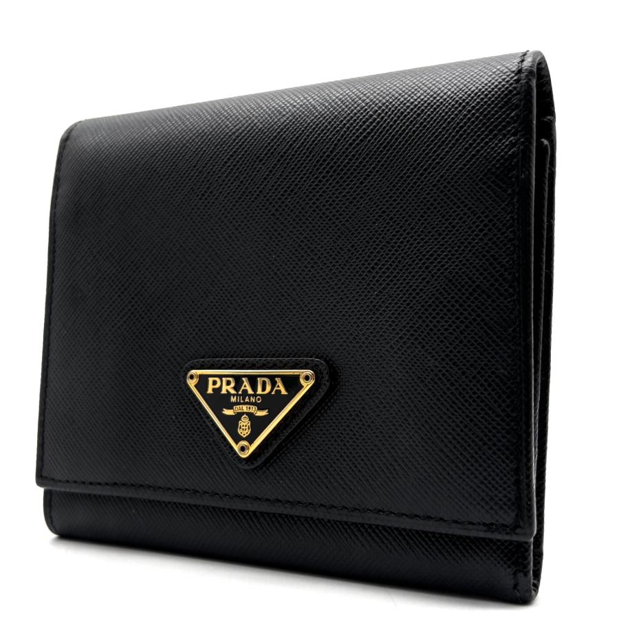 【美品】プラダ 三つ折り財布 三角ロゴ サフィアーノ レザー ゴールド 黒 PRADA プラダ サフィアーノ トライアングルロゴ 三角ロゴ 三つ折り財布
