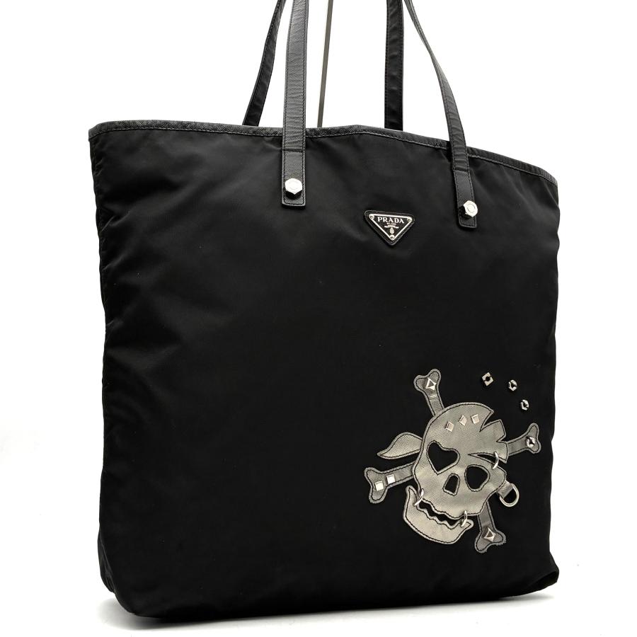 プラダ トートバッグ ナイロン レザー ドクロモチーフ A4可 肩掛け ブラック 美品 プラダ PRADA トートバッグ 三角ロゴ スカル ドクロ A4 肩掛け