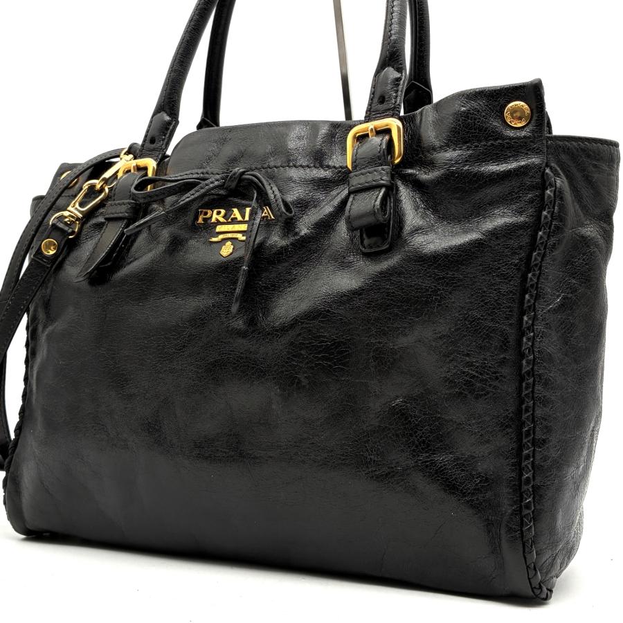美品　プラダ オールレザー 2WAY ハンドバッグ レディース ゴールド金具 PRADA プラダ 2WAY ショルダーバッグ ナイロン レザー ブラック