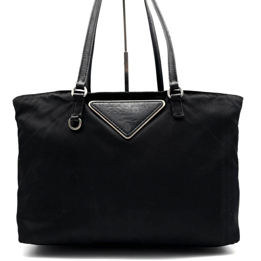 PRADA プラダ テスート ナイロン レザー トートバッグ ブラック 黒 白タグ 通勤 通学 軽量 肩掛け シルバー金具 三角ロゴ 希少 冠婚葬祭 フォーマル 美品