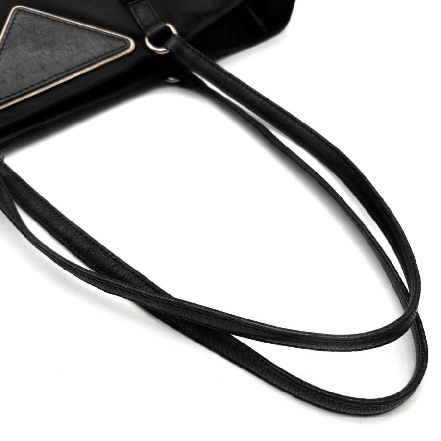 PRADA プラダ テスート ナイロン レザー トートバッグ ブラック 黒 白タグ 通勤 通学 軽量 肩掛け シルバー金具 三角ロゴ 希少 冠婚葬祭 フォーマル 美品