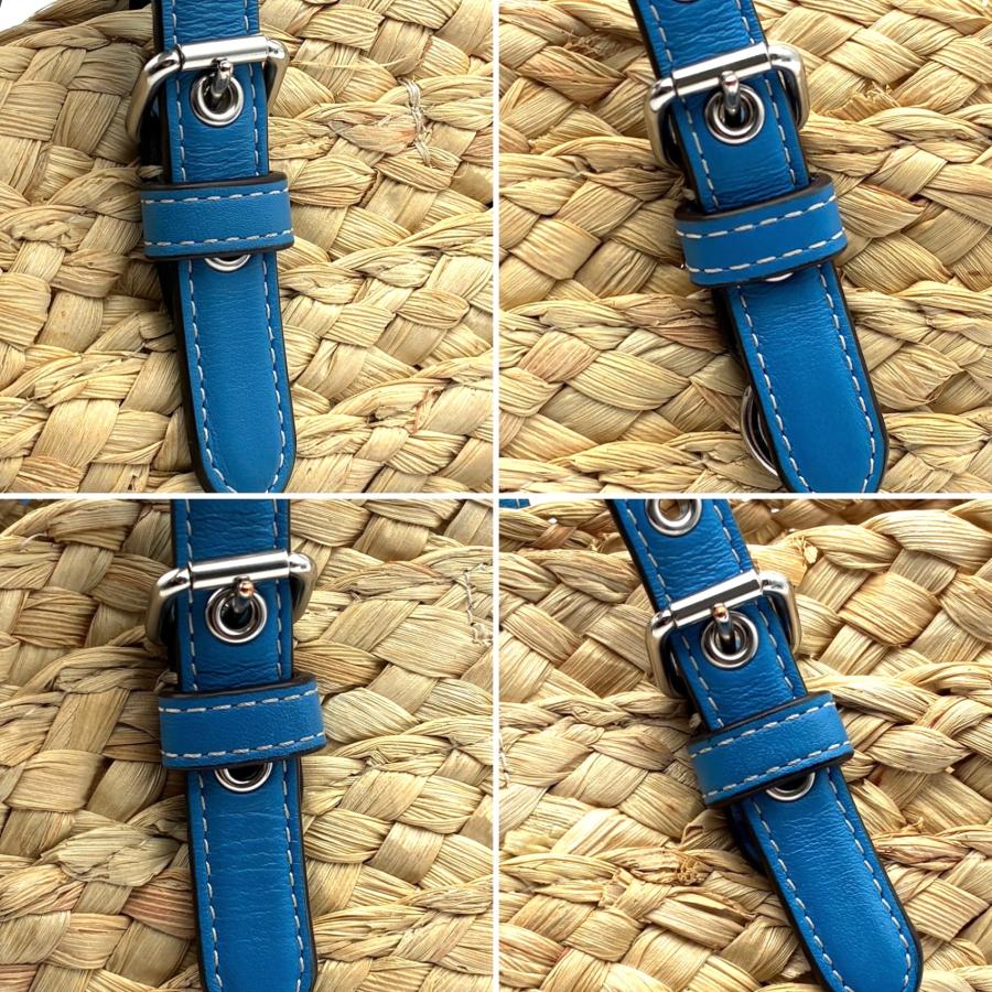 未使用に近い COACH コーチ かごバッグ ストローバッグ 2way トートバッグ ショルダーバッグ 麦わら レザー ナチュラル ブルー 青 馬車ロゴ 斜め掛け 肩掛け 夏 リゾート お出かけ 旅行 デート レディース 鞄 爽やか 涼しげ おしゃれ 未使用に近い COACH コーチ かごバッグ ストローバッグ 2way トート