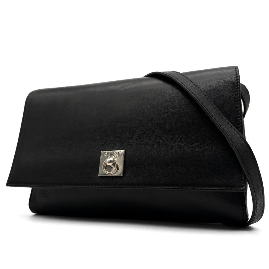CELINE ショルダーバッグ ブラック レザー セリーヌ CELINE ショルダーバッグ フラップ ロゴ金具 レザー 本革
