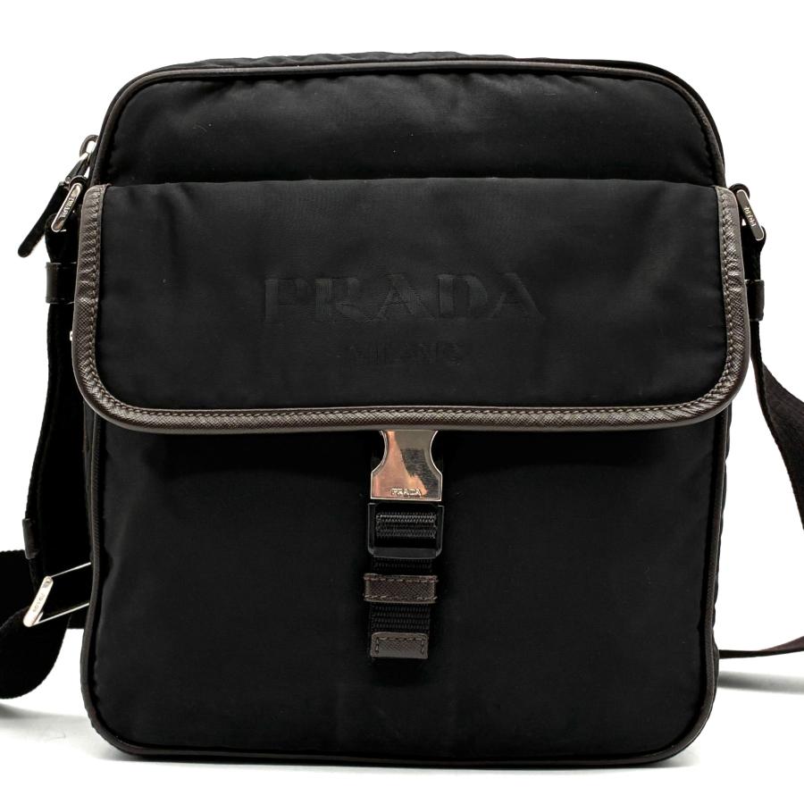 PRADA プラダ ショルダーバッグ 三角ロゴ プレート ロゴプリント 白タグあり テスートナイロン サフィアーノレザー 斜め掛け ブラック 黒