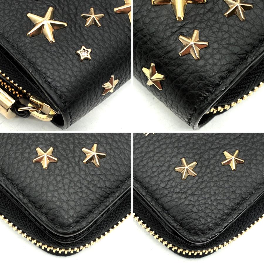 美品 JIMMY CHOO 二つ折り財布 スタースタッズ レザー 黒 収納 ジミーチュウ JIMMY CHOO スタースタッズ 二つ折り財布 ラウンド