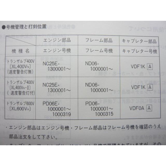 HONDAトランザルプ400v(お話し中の為受付中断) ホンダ（HONDA） トランザルプ400V 600V パーツリスト 2版 正規 中古