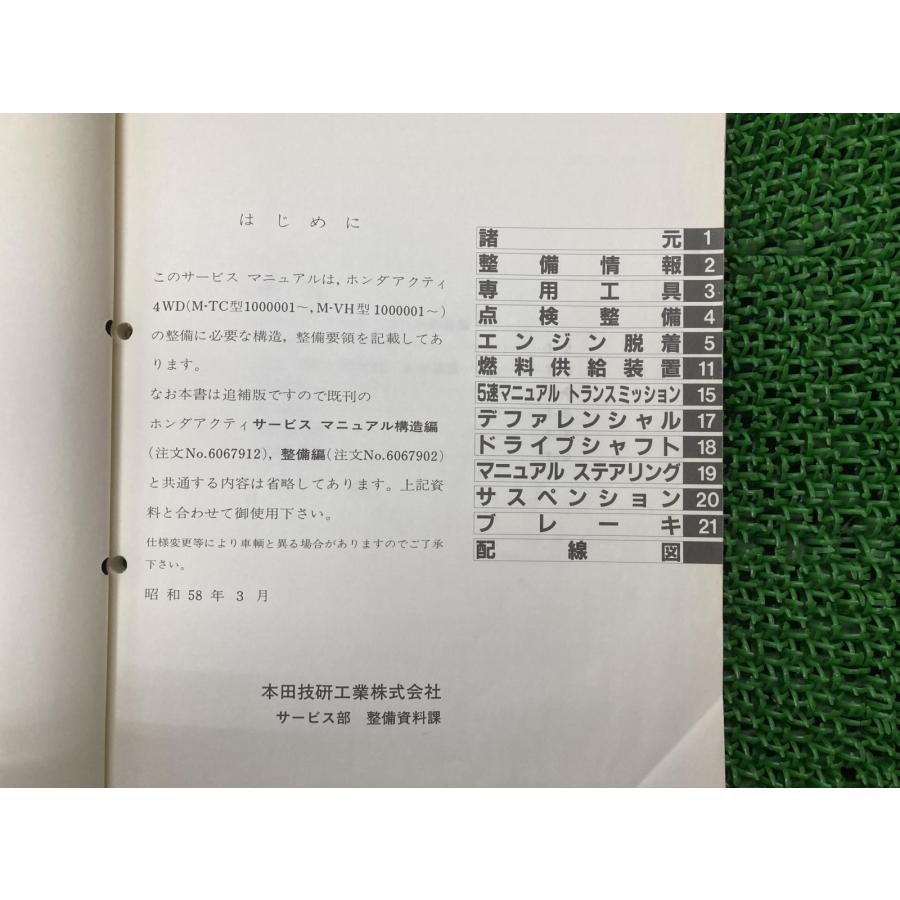 ホンダ アクティ acty サービスマニュアル 補足版 正規 中古