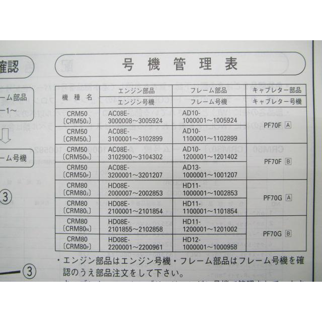ホンダ　CRM50/80 A-AD10 HD10 サービスマニュアルパーツリスト ホンダ（HONDA） CRM50 80 パーツリスト CRM50/CRM80 8版 AD10 AD13