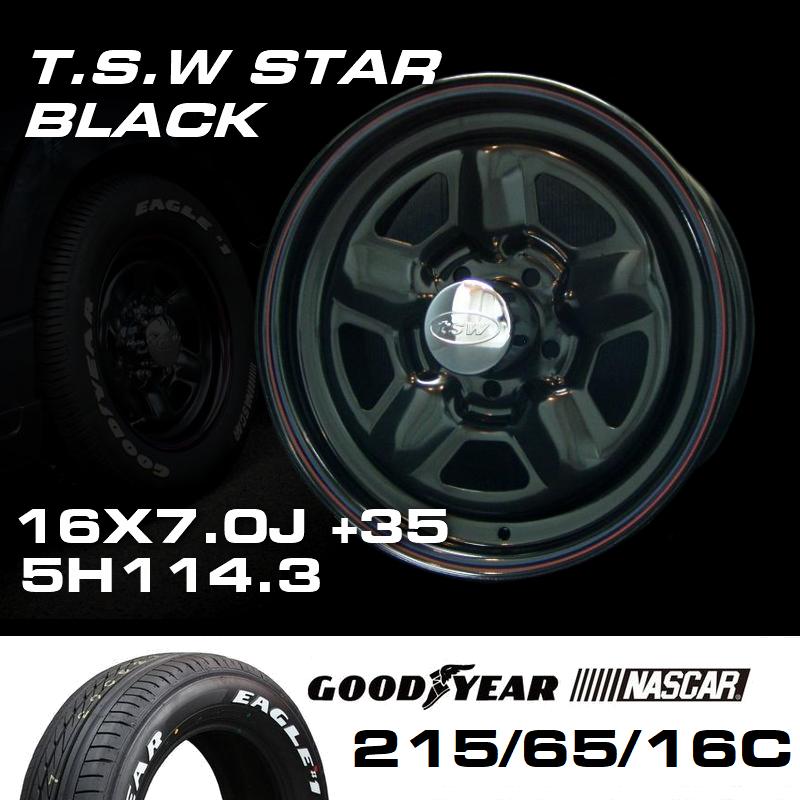 TSW STAR ブラック 16X7J+35 5穴114.3 ナスカー 215/65R16C ホイール 