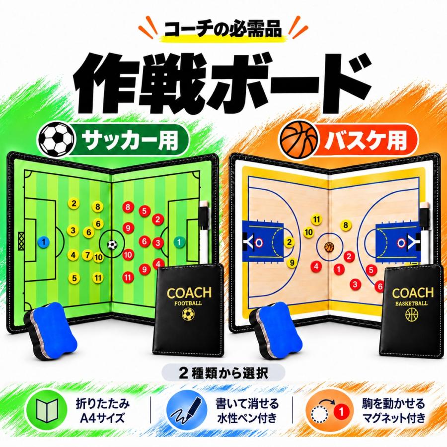 作戦ボード サッカー バスケットボール 折りたたみ式 マグネット付き 水性ペン付き 戦術ボード 練習 試合 指導用 | 