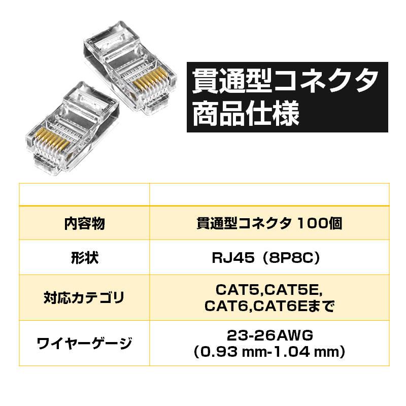 貫通型 LANコネクタ 100個セット RJ45 CAT6E CAT5E CAT5 LANケーブル用