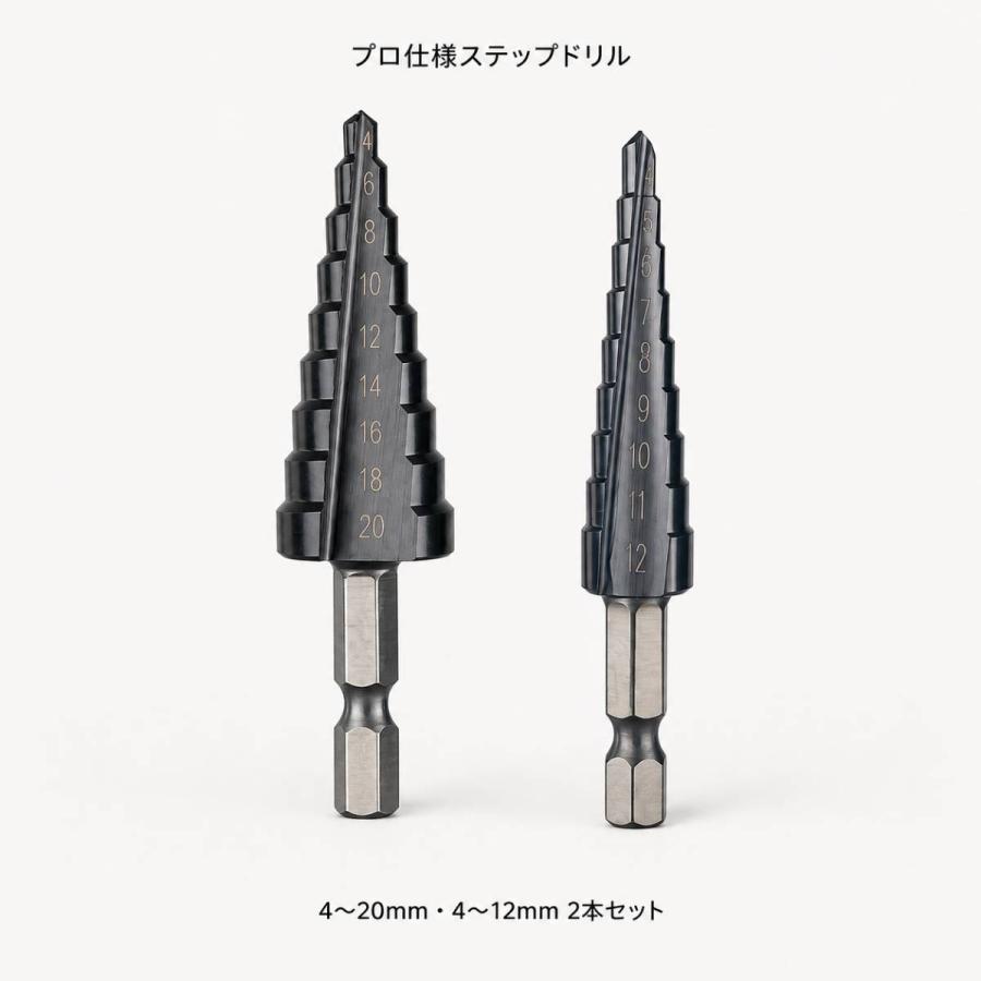ステップドリル 2本セット 4-12mm 4-20mm 六角軸6.35mm 穴あけ 面取り バリ取り |  | 11