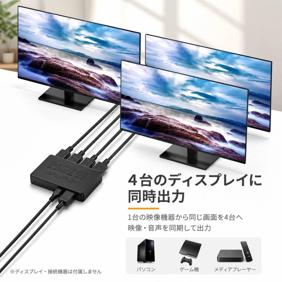 HDMI分配器 1入力4出力 4K対応 HDMIスプリッター 4台同時出力 USB給電 音声映像同期 プラグ＆プレイ 会議 プレゼン |  | 03