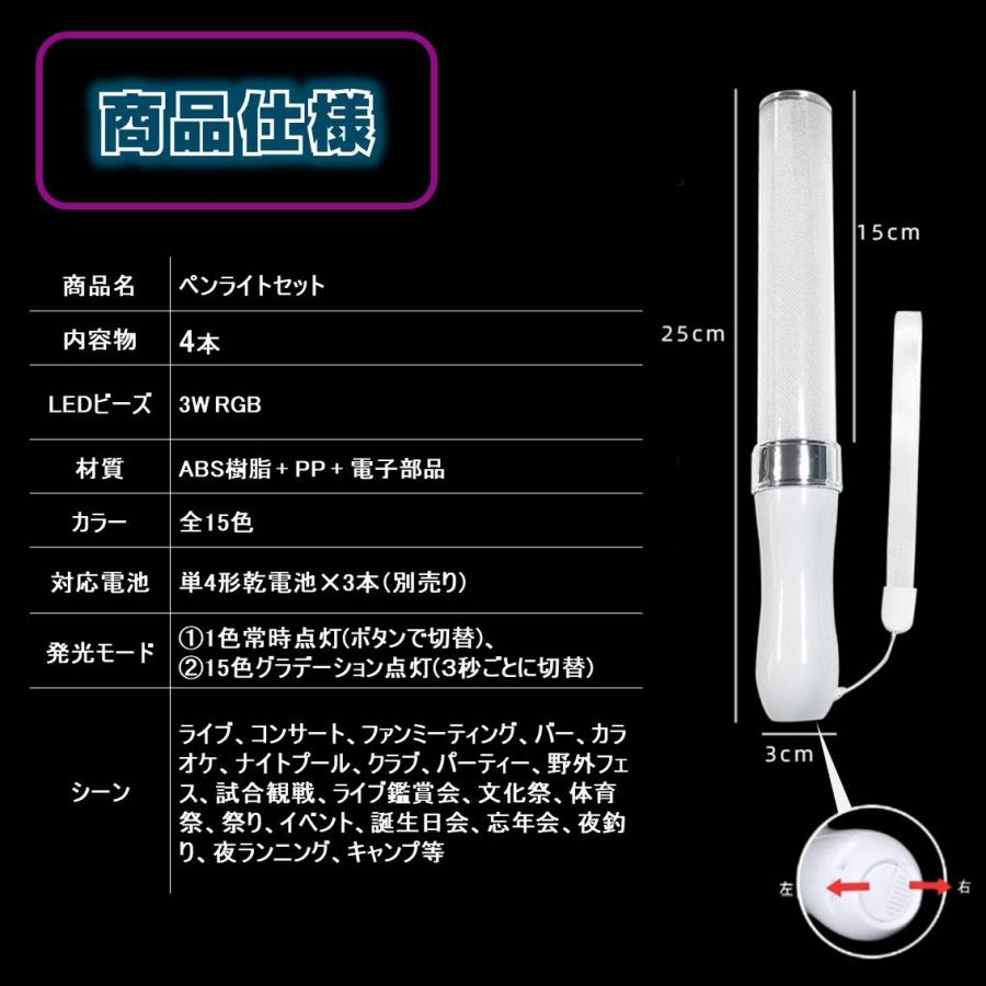 ペンライト 4本セット 15色 LED 電池式 軽量 ストラップ付き 明るい