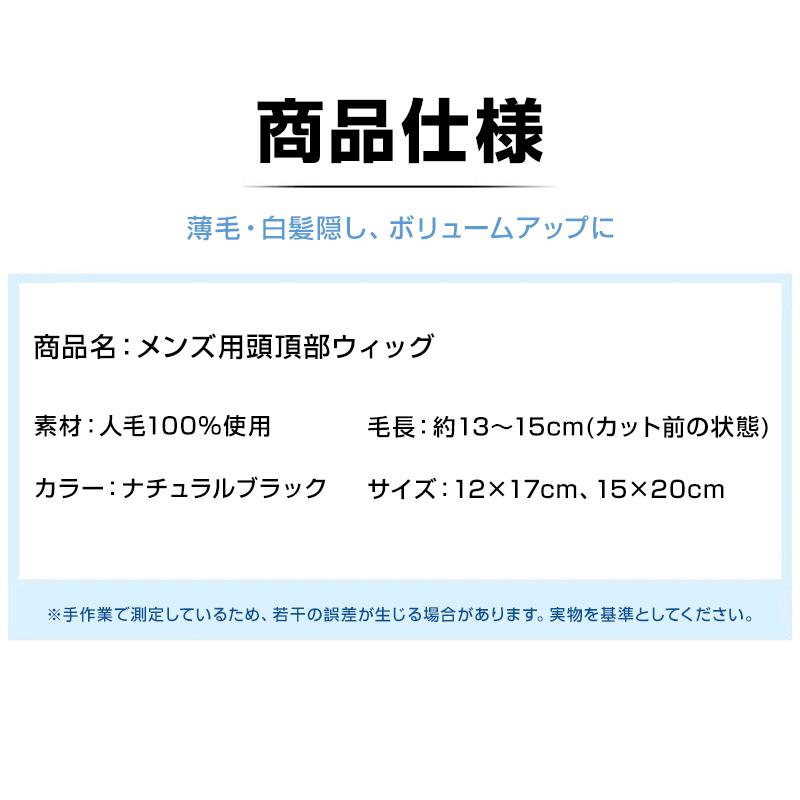 ウィッグ メンズ 男性 ヘアピース 人毛100％ 頭頂部 部分ウィッグ トップカバー 薄毛 白髪隠し 増毛 ボリュームアップ 自然 簡単装着 通気性 かつら 黒 ブラックの画像