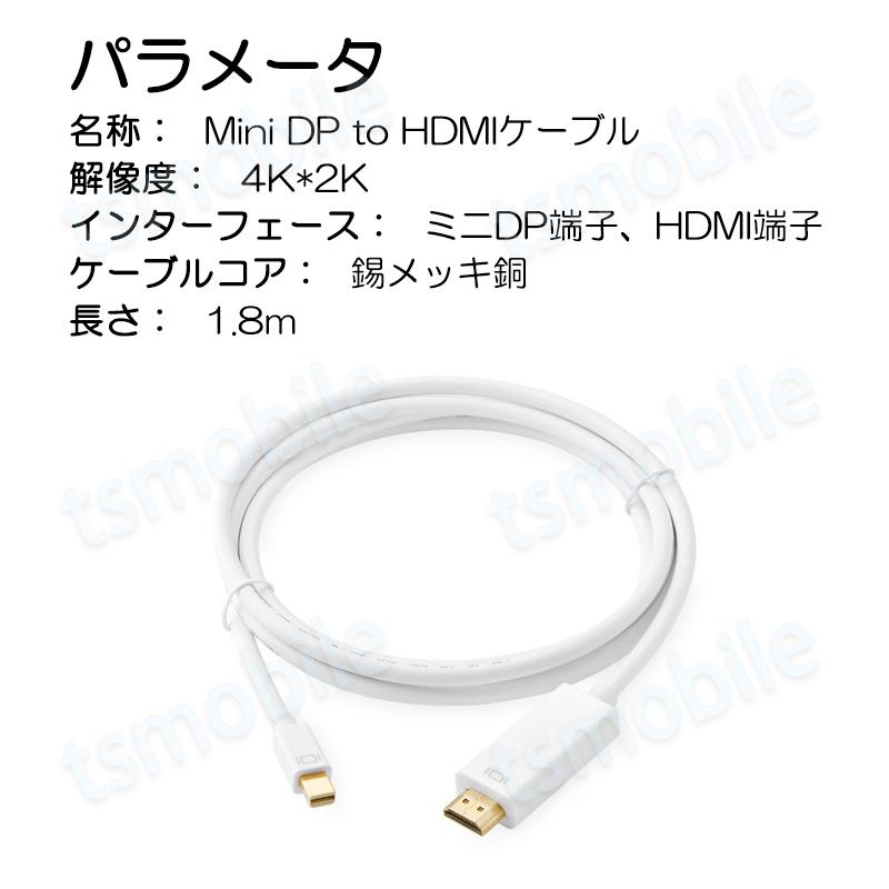 MiniDP to HDMI 4K 変換ケーブル 1.8m 白色 アダプター Mini